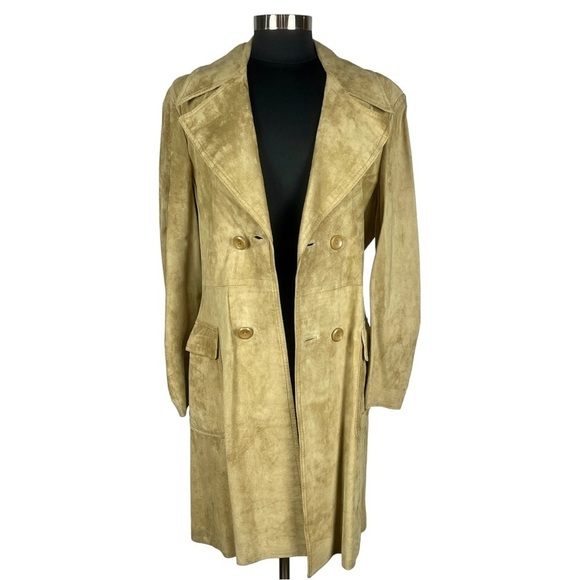 VINTAGE PORTO GALIA 70's SUEDE LEATHER TAN DOUBLE BREAST BELTED TRENCH COAT14/16 - Picture 2 of 13